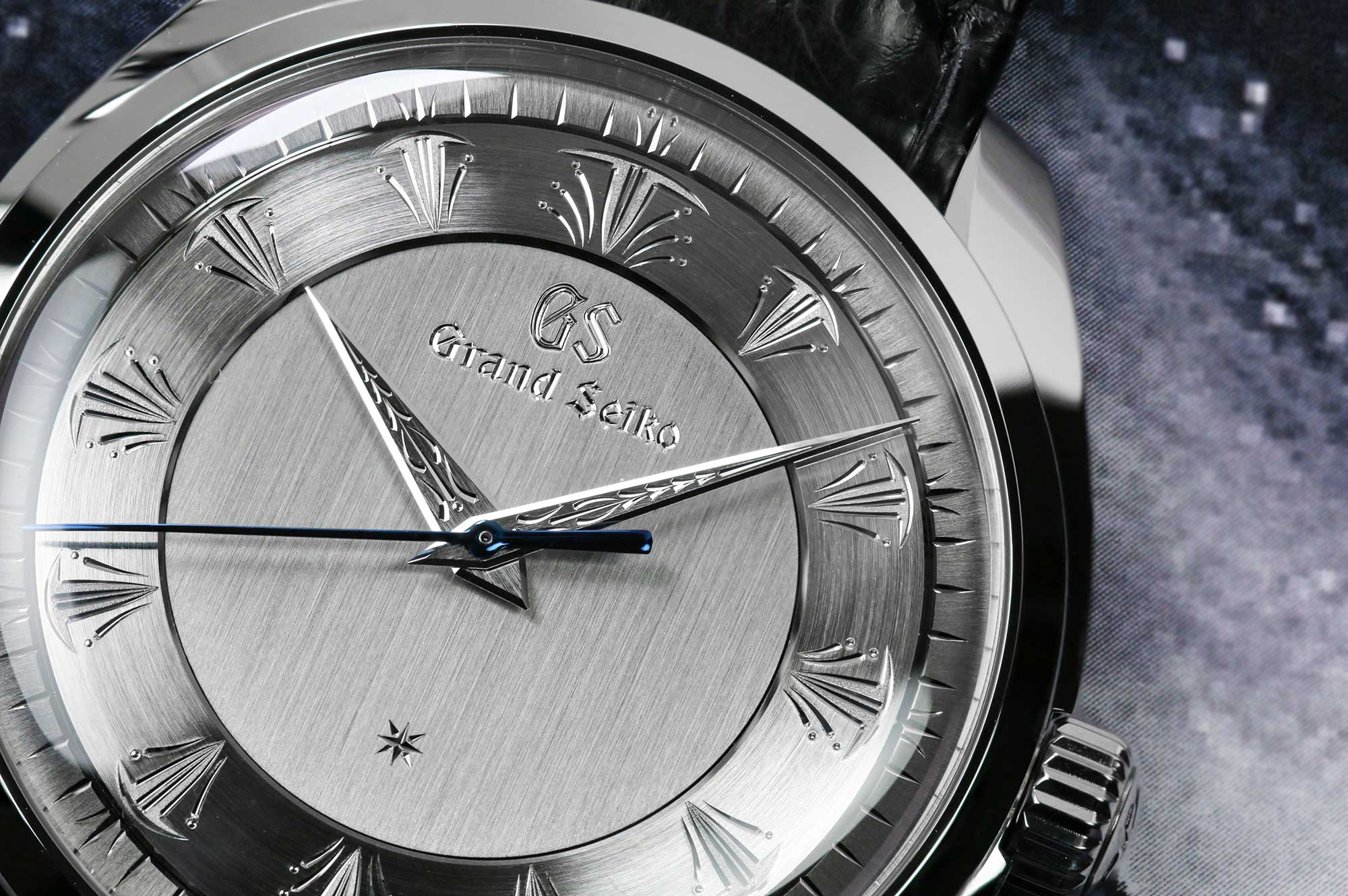 Grand Seiko SBGW263 macro of ornate engraved dial.