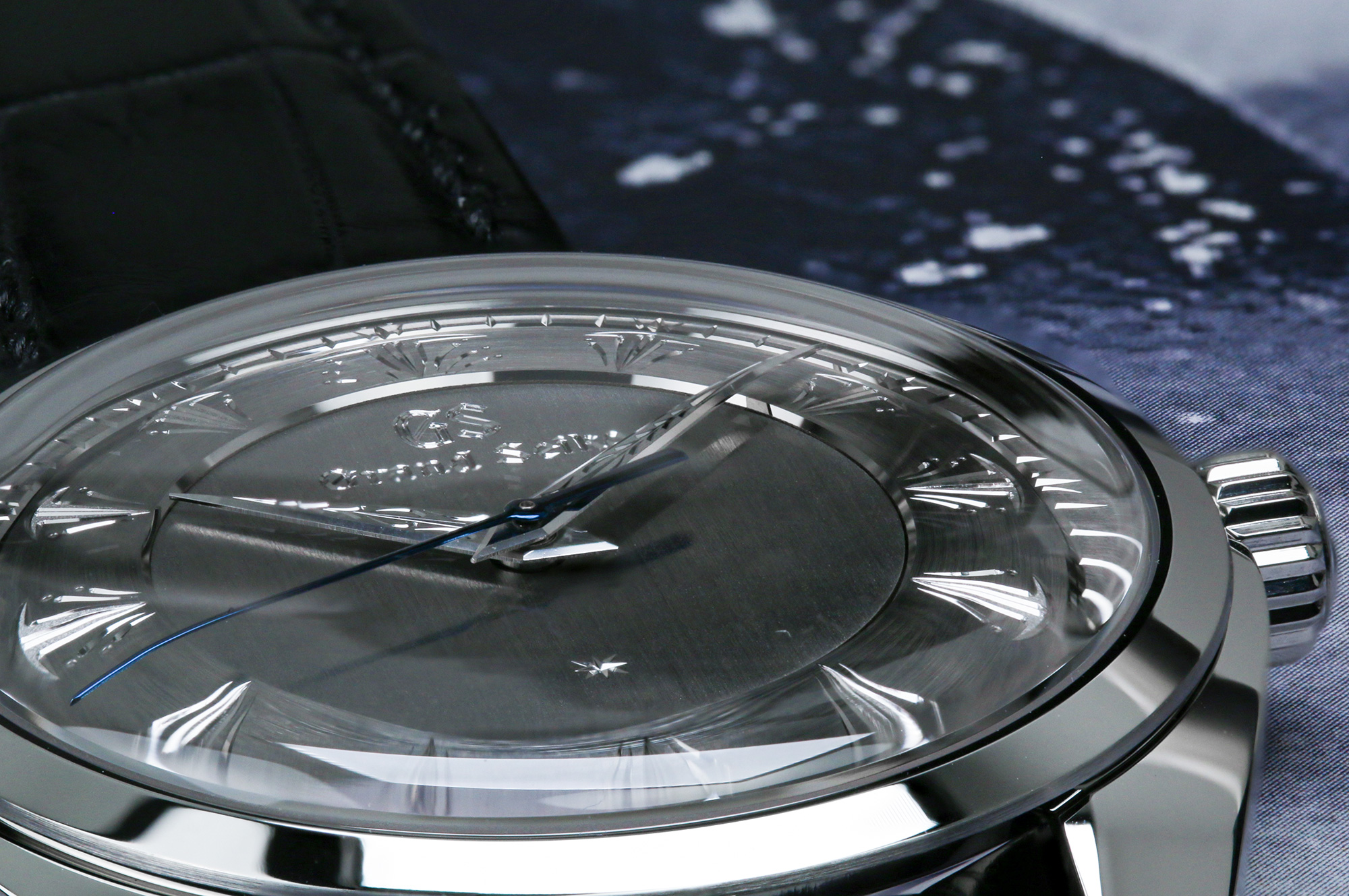 Grand Seiko SBGW263 from an angle that shows the depth of the dial.